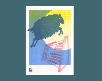 Risograph print, greeting card and envelope, riso print postcard of a counting sheep, counting himself to sleep - Angry Animals series