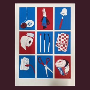 May include: A red and blue illustration of nine household items, including a toilet paper roll, a clothespin, a film canister, and a pair of scissors.