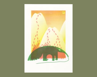 A4 Risograph print Anteater - The hills are alive, from the Angry Animals serie | 3 color riso print on Biotop paper