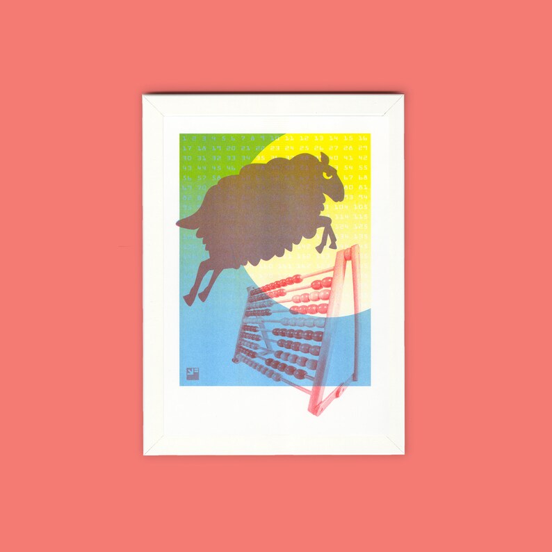 A4 risograph print Counting Sheep 3 color riso print on Biotop paper image 5