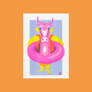 A4 Risograph print Floating Cow, from the series At the beach