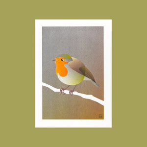 A4 Risograph print Birds Robin redbreast, artprint in 3 colors image 1