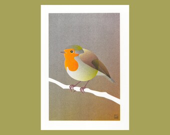 A4 Risograph print Birds - Robin (redbreast), artprint in 3 colors