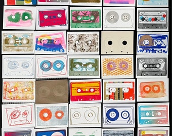 Playing with Tapes | collection of 45 small art prints of audio cassette tapes