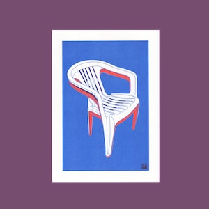May include: A white plastic chair with red accents is shown against a blue background. The chair has a unique design with a curved back and a wide seat.