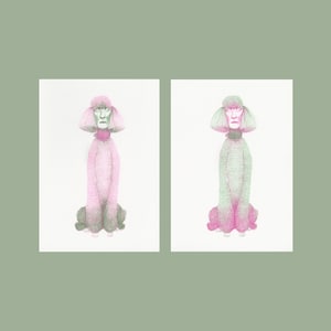 Risograph Weird Poodles - Don&#39;t worry be happy, from the Weird & Wonderful series | 2xA5 2 color riso print on Biotop paper