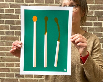 screen print poster - Matches (Neon Orange on Green) - hand pulled in 2 colours