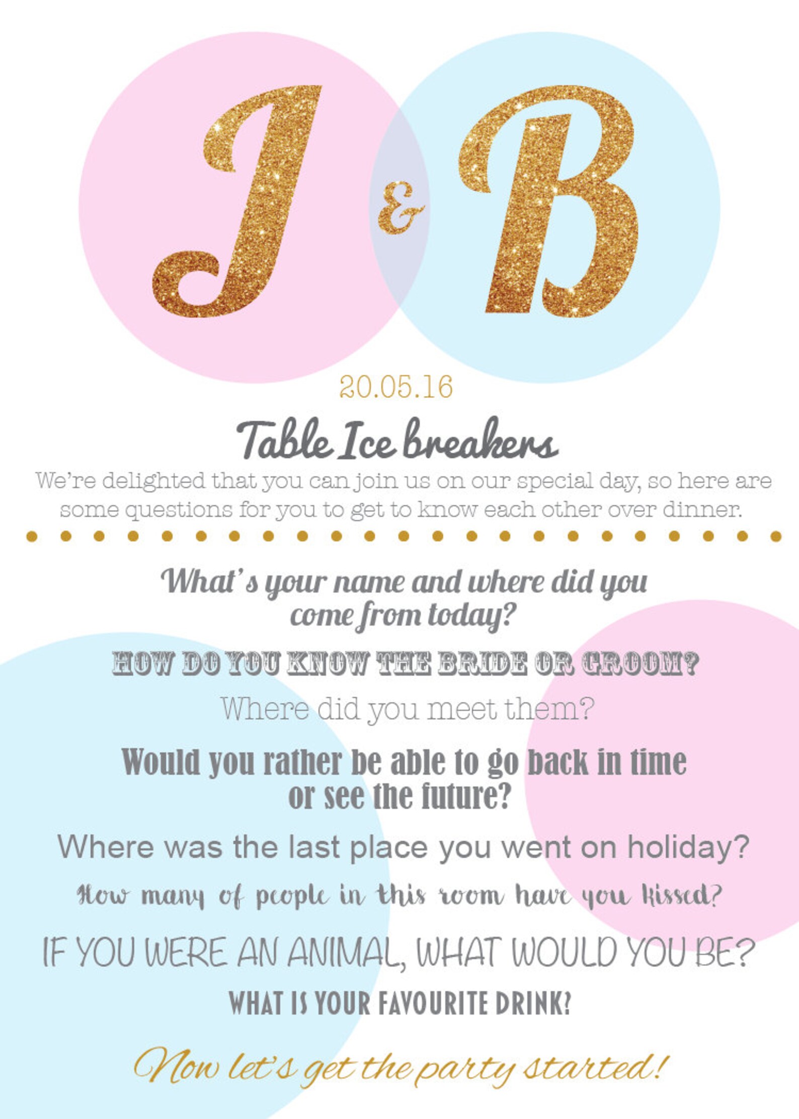 Personalised Wedding Reception Game Ice Breaker Questions Printable