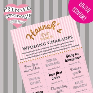 Personalised hen party game - Wedding charades - Printable hen do game - Pink and gold glitter - Personalized - Bachelorette party game