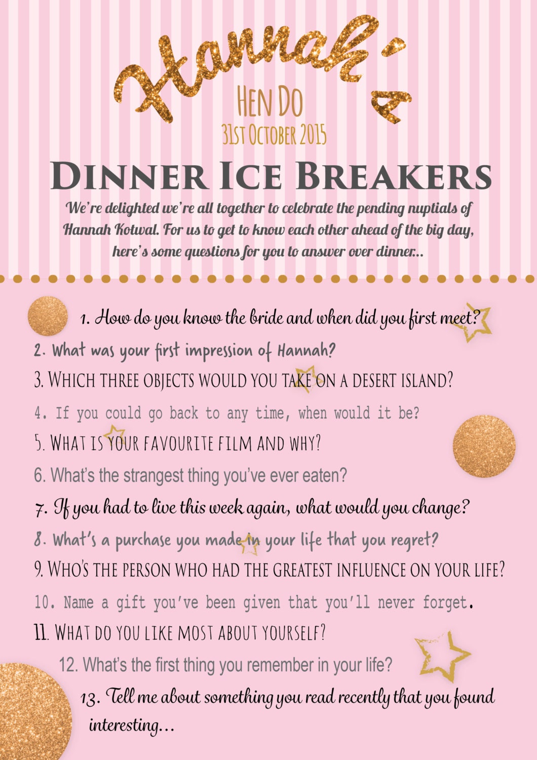 Personalised Hen Party Game Ice Breaker Questions Game Etsy