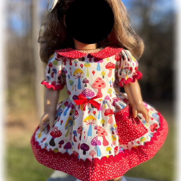 Red Boho Mushroom Dress Clothes American Made for your 18 inch girl Doll.