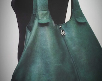 LARGE LEATHER BAG- Handmade leather bag-Shopping leather tote- Everyday leather bag- Green bag-Oversize minimalist bag-Shoulder leather bag