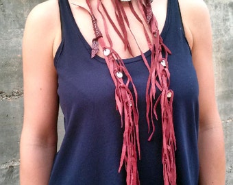 FRINGE LEATHER NECKLACE- Boho Chic leather Necklace- Leather Jewelry-Statement Necklace- Bordeaux necklace- Handmade Accessory