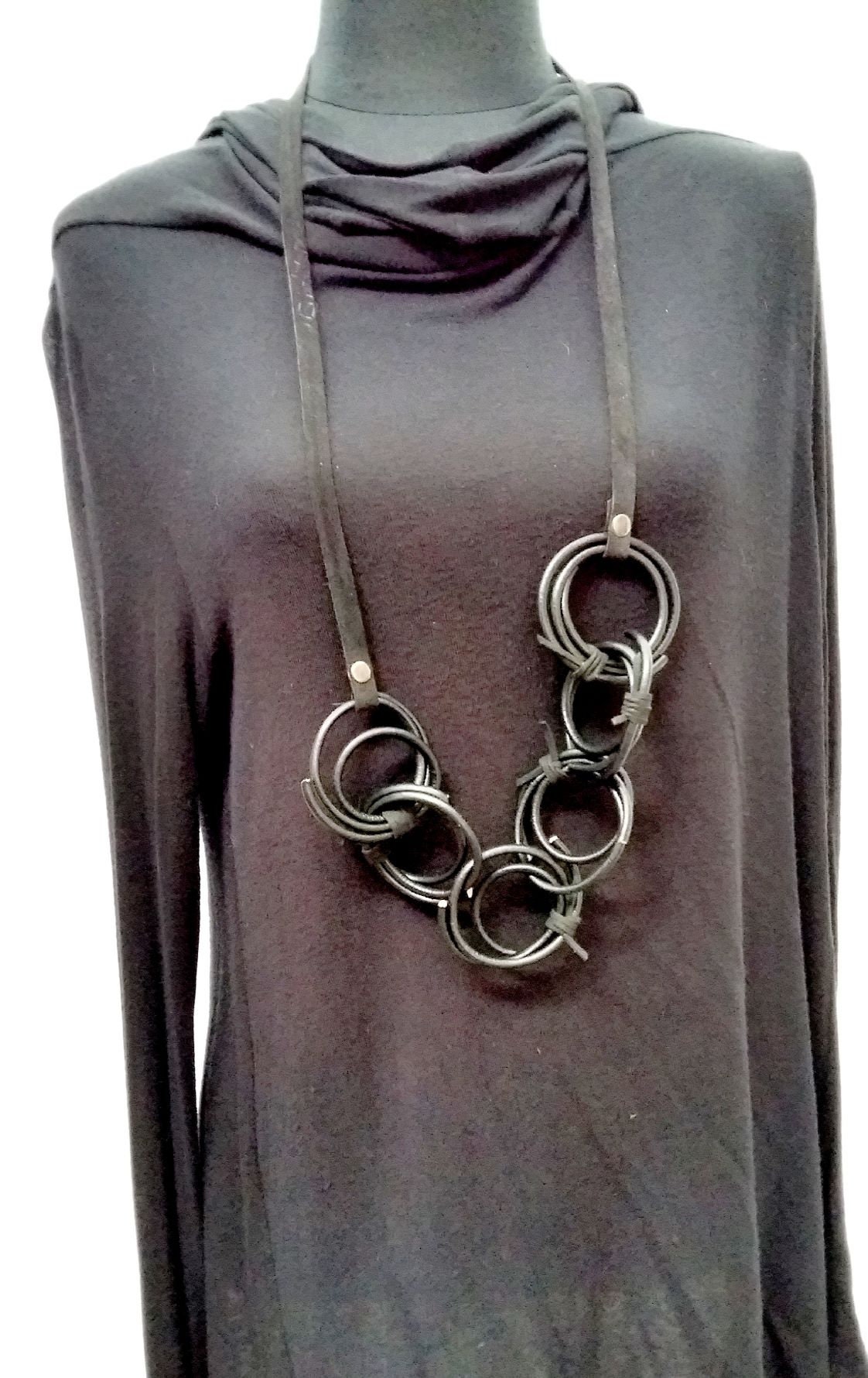 LONG LEATHER NECKLACE Collar With Leather Piecesblack Etsy