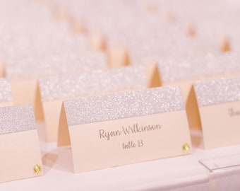 Set of 25 Simple Elegant Folded Wedding Place Cards // Wedding Place Card Tents // Silver and Ivory Place Cards // Customization Available