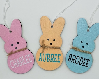 Wooden Easter Bunny Gift Tags // Cute Peeps Gift Basket Tag // Personalized Easter Ornament // Peeps Bunnies for Decorative Banner or Gift