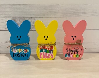Cute Easter Decoration // Wooden Peep Inspired Decor // Blue Yellow or Pink Bunny // Wood Bunny Cut Out for Decorating // 6" Tier Tray Decor