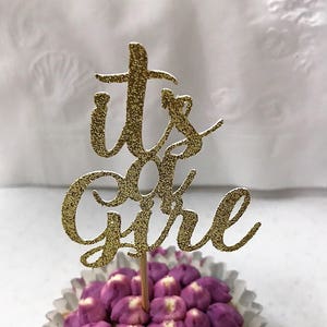 Set of 12 It's a Girl or It's a Boy Cupcake Toppers / Pink and Gold Baby Shower Cupcake Toppers / Baby Blue and Gold Baby Shower Toppers image 1