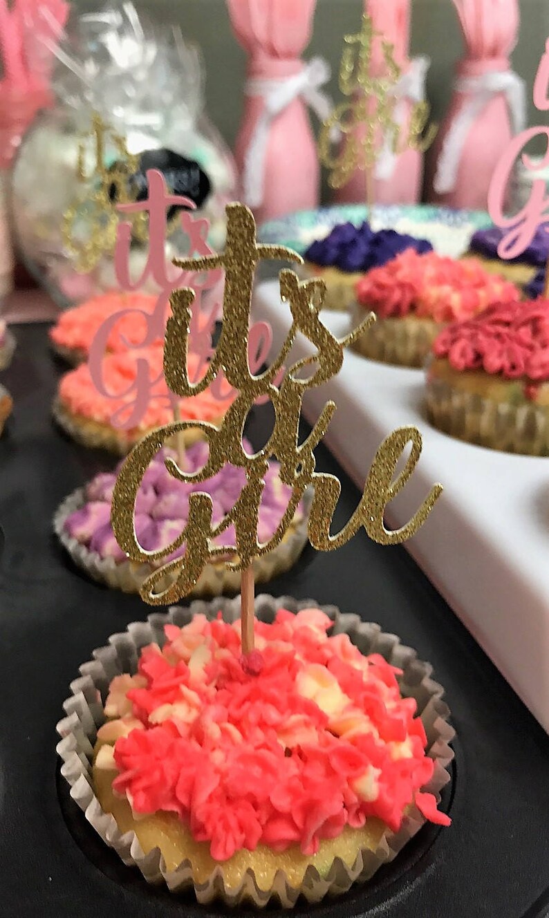 Set of 12 It's a Girl or It's a Boy Cupcake Toppers / Pink and Gold Baby Shower Cupcake Toppers / Baby Blue and Gold Baby Shower Toppers image 3