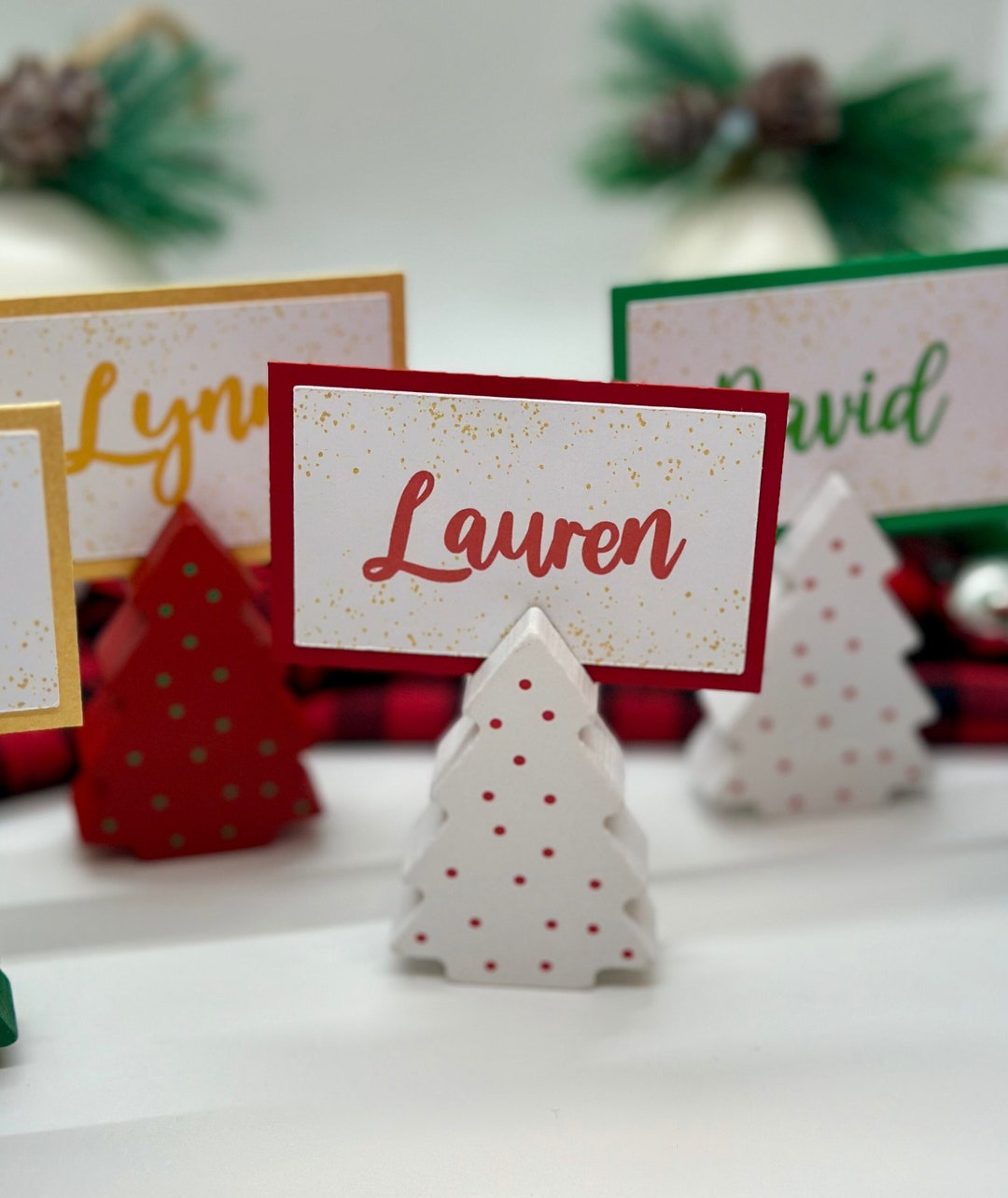 Christmas Tree Place Card Holder // Holiday Table Settings With Name // Red Green and White
