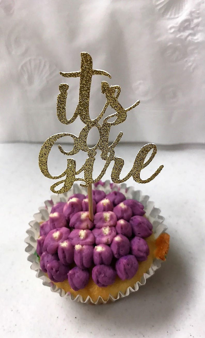 Set of 12 It's a Girl or It's a Boy Cupcake Toppers / Pink and Gold Baby Shower Cupcake Toppers / Baby Blue and Gold Baby Shower Toppers image 1