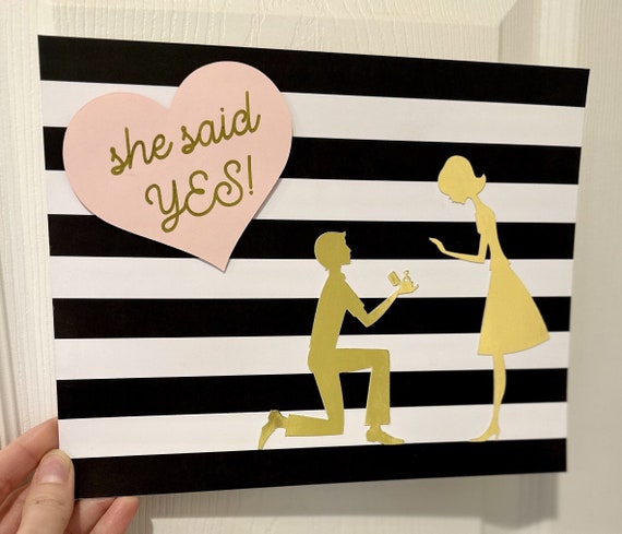 8x10 She Said YES Bridal Shower Sign // Pink and Gold Engagement Party Decor // Classic Bridal Decor // Gold Foil Proposing Couple and Heart