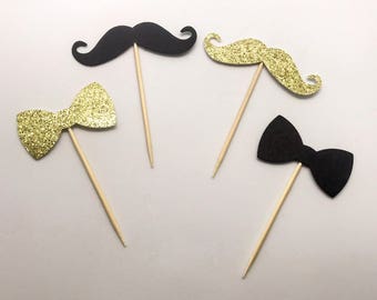 Black and Glitter Gold Mustache & Bowtie Cupcake Toppers - Set of 12 - Engagement Party - Birthdays - Baby Showers - Other Colors Available