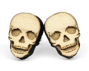 Wooden skull stud earrings. Gothic curls. Heavy metal halloween jewelry. Creepy, Scary, Horrifying Human Skull Skeleton Bones