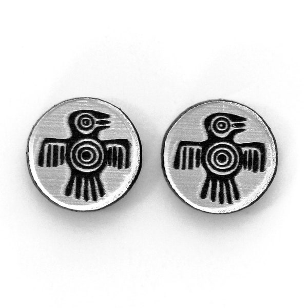 Aztec ear studs in acrylic created by laser. Mayan jewel, Aztec symbol (black and silver or black and gold), ancient civilization.