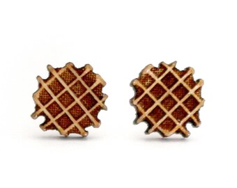 Customizable waffle earrings. Laser engraved wood. Mini jewel patisserie gourmet dessert, festive food, fairground.