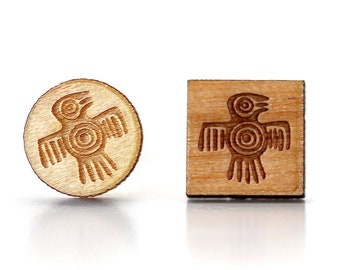 Round or square customizable earrings, Mexican eagle Mayan civilization engraved: Aztec symbol of strength and courage. mexico hieroglyph