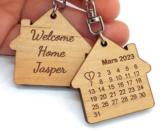 Porte-clés personnalisable save the date en bois. Cadeau déménagement, fête crémaillère, achat maison. Goodie professionnel agent immobilier