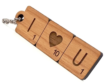 Customizable scrabble keyring I LOVE YOU. Cute romantic wooden gift for Valentine's Day, couple, wedding, nuptials. letters of your choice
