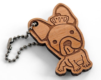 French Bulldog Dog Keychain - Customizable Engraved Wood Accessory. Choice of wood color and metal fastener