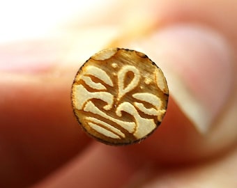 Mexico Aztec god ear studs. Customizable ancient civilization jewel in engraved wood, laser cut. Mayan tribe totem mask