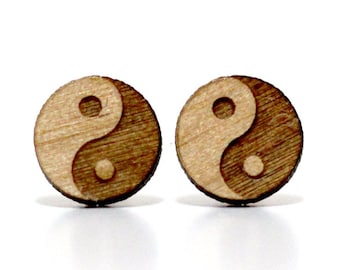 Round earrings with Chinese symbol yin yang, engraved and laser cut on wood - three colors earrings to choose from