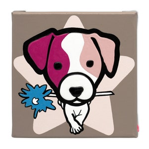 Jack Russell dog painted on cotton canvas, square format 20x20x4cm. Thick acrylic paint, relief effect. Children's room decoration