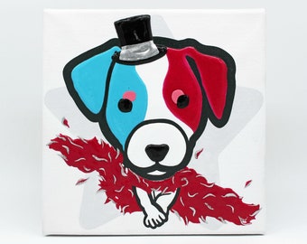 Dog Jack Russell painted on cotton canvas, square format 20x20x4cm. French cancan cabaret version. Acrylic paint, relief effect