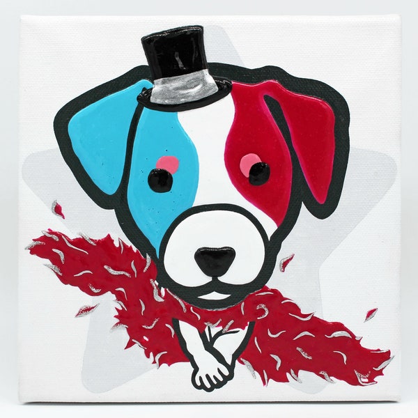 Chien Jack Russell peint sur toile de coton, format carré 20x20x4cm. Version french cancan cabaret. Peinture acrylique, effet de relief