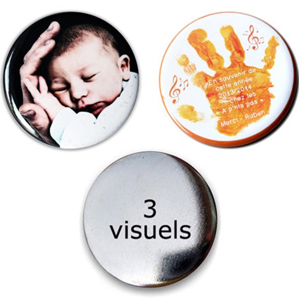 Lot de 3 badges avec votre (vos) visuel(s) - Commandez votre propre trio de badges personnalisables ronds de 38 ou 56 mm