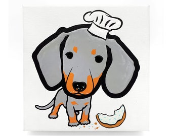 Painting on canvas Dog of the Dachshund breed, thick painting in square format 20x20x4 cm. Little cook dog, donut treat. Child decoration