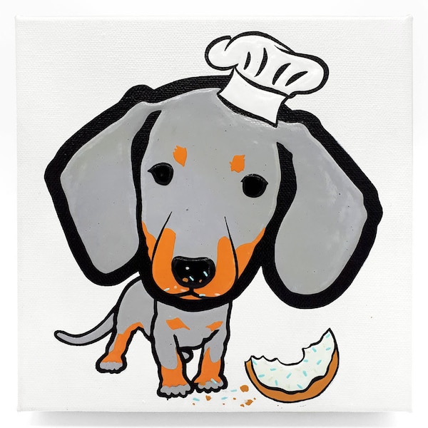 Painting on canvas Dog of the Dachshund breed, thick painting in square format 20x20x4 cm. Little cook dog, donut treat. Child decoration
