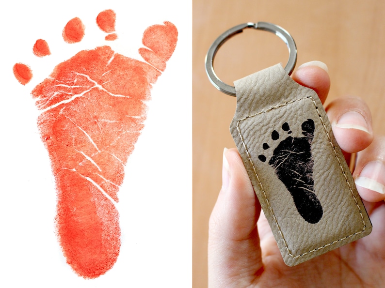 Keychain with your footprint or baby hand engraved on faux leather, five colors to choose from. Original Father's Day Gift, Mom image 1