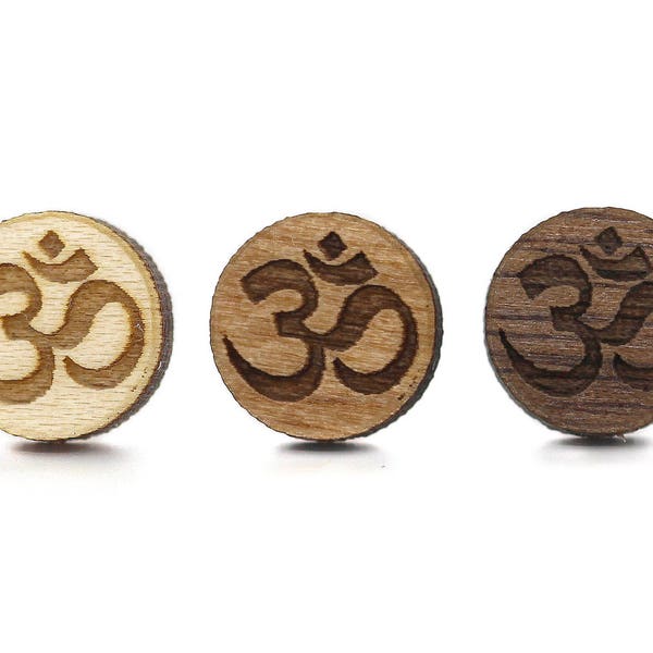 Om jewel, symbol of India. Laser cut engraved wood - Aum Hindu sacred syllable. Spiritual stud earrings available in 3 shades.