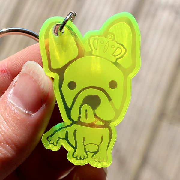 Porte-clés ou bijou de sac chiot de race bouledogue français . Accessoire chien en acrylique jaune ou rose fluorescent - attache au choix