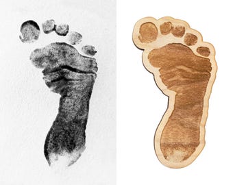 Calamita in legno personalizzata, creata con la foto dell'impronta della mano o del piede di un bambino. Incisa e tagliata al laser. Regalo magnetico, perfetto per un baby shower o altre occasioni speciali.