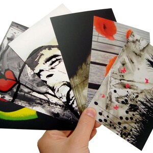 Five postcards contemporary paintings and an artistic photography of poppy - matt varnish with UV selective, format 10,5x15cm