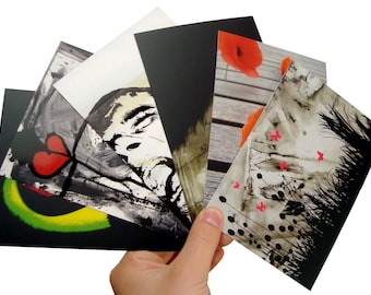 Five postcards contemporary paintings and an artistic photography of poppy - matt varnish with UV selective, format 10,5x15cm