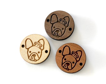 Bulldog dog head engraved and laser cut, on wooden round piece for strap design - 3 wooden shades available