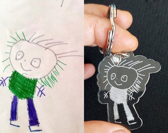 Customizable acrylic keychain created from your child's drawing, coloring, collage. Unique Father's and Mother's Day gift